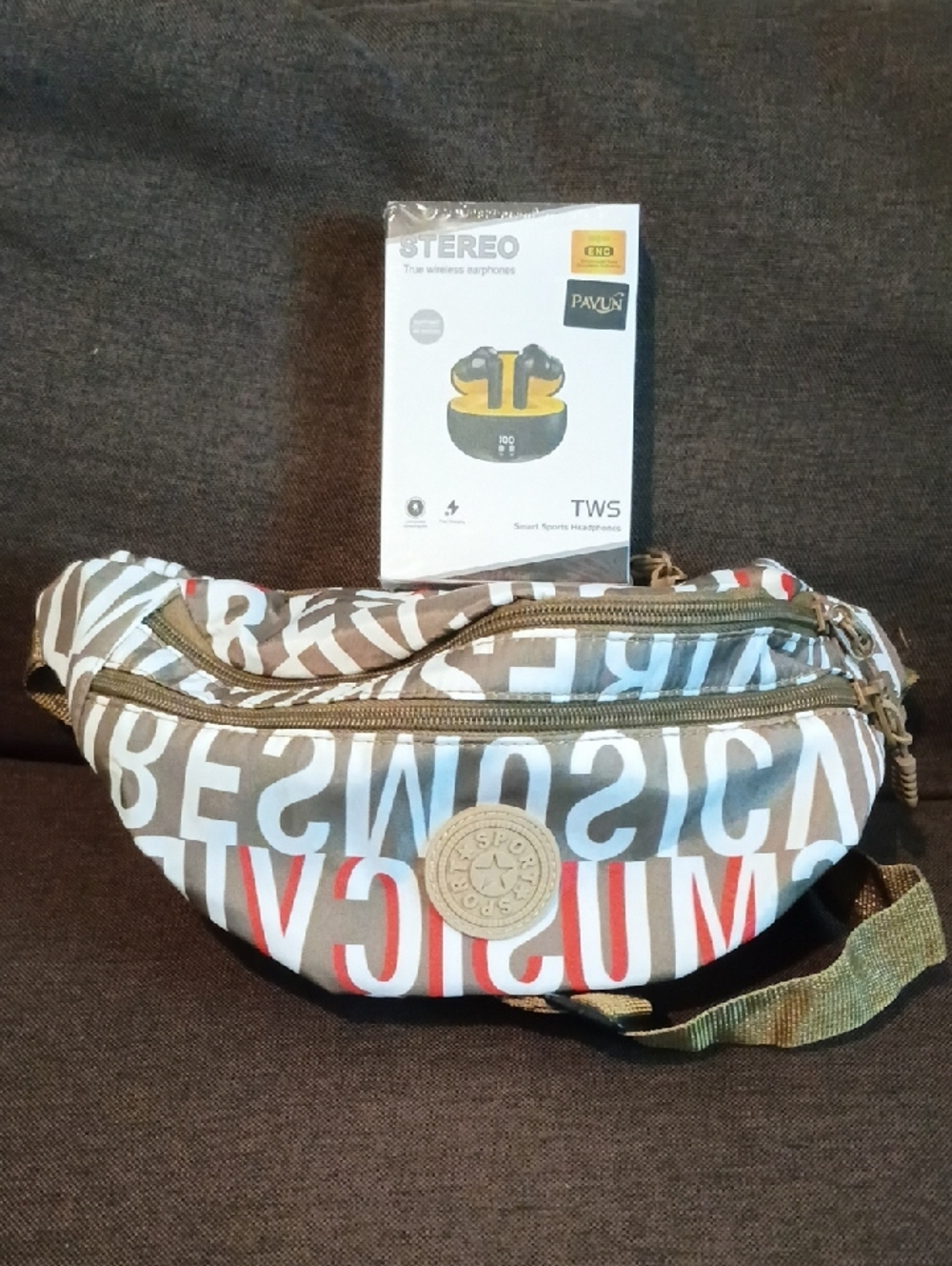 Olive Canvas Belt Bag with Language Translation Earbuds New